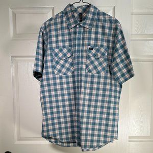 RVCA Short Sleeve Plaid Gold Turquoise Button Down Shirt - Large